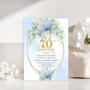 Boho Blue Hydrangeas Eucalyptus Gold 70th Birthday Invitation