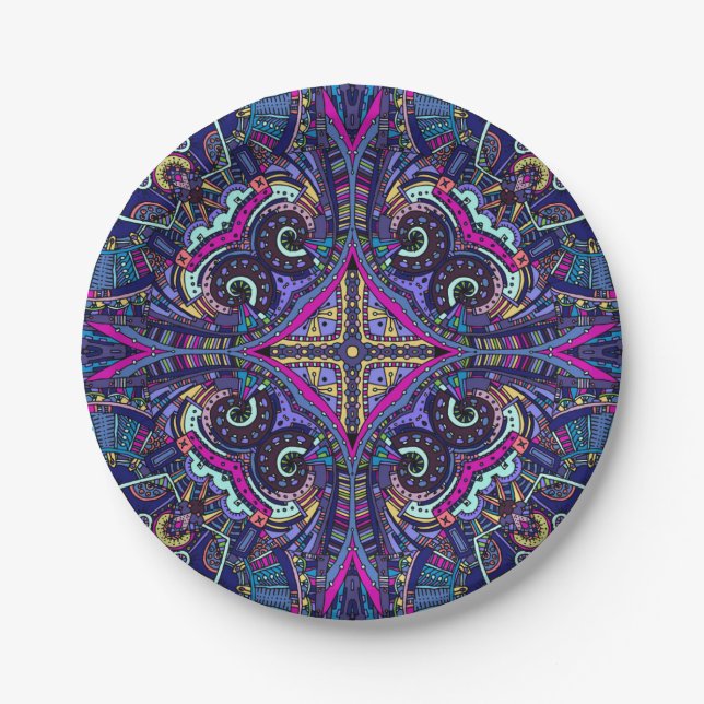 Boho blue kaleidoscope native american trend paper plates (Front)