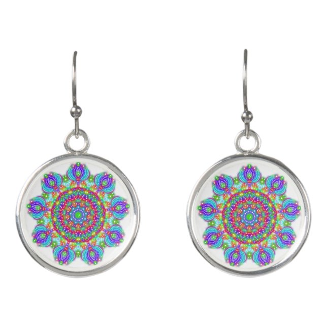 Boho Blue Lotus Blossom Mandala Earrings (Front)