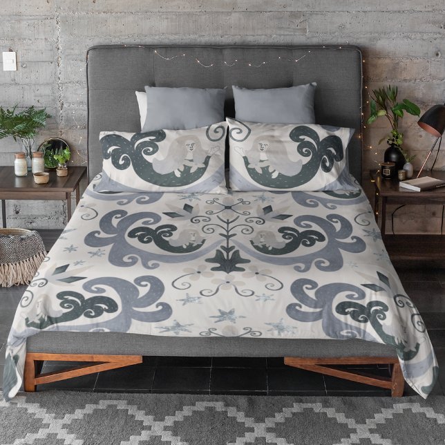 Boho Blue Mermaid Floral Scroll Pattern Duvet Cover (Creator Uploaded)