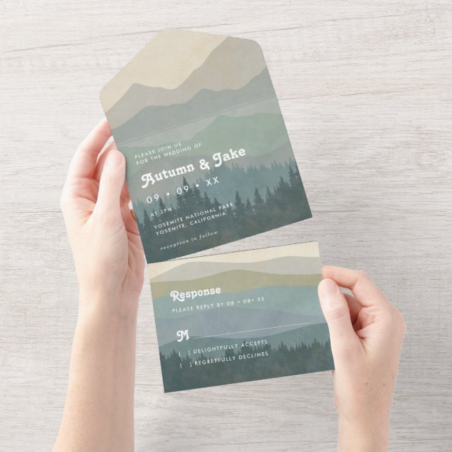 Boho Blue Mountains & Forest Wedding Retro  All In One Invitation (Tearaway)