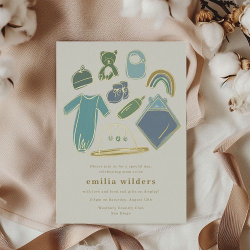 Boho Blue Newborn Icons Display Baby Shower Gold Foil Invitation