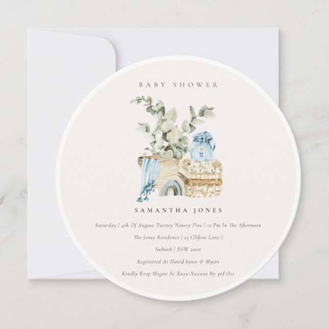 Boho Blue Nursery Foliage Boy Baby Shower Invite (Front)