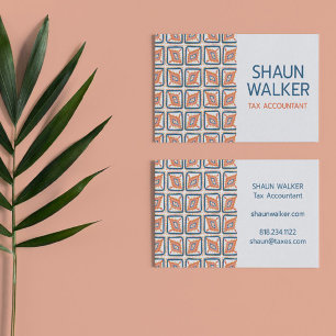 Boho Blue Orange Tiles Pattern Handmade Business Card