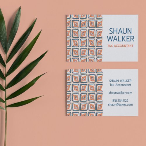 Boho Blue Orange Tiles Pattern Handmade Business Card