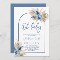 Boho Blue Pampas Grass Baby Shower Boy Invitation