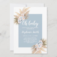 Boho Blue Pampas Grass Baby Shower Boy Invitation