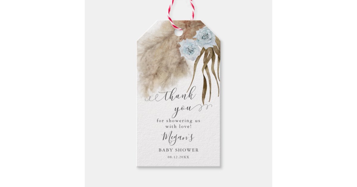 Boho Blue Pampas Grass Baby Shower Favor Tags | Zazzle