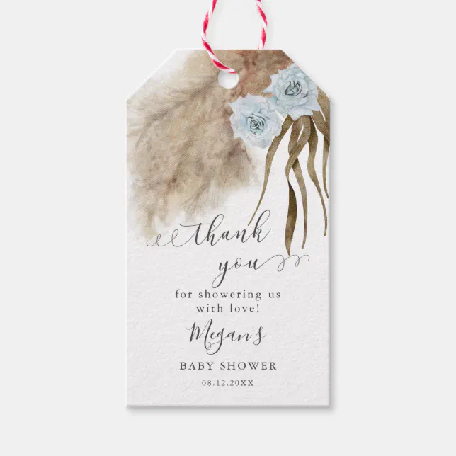 Boho Blue Pampas Grass Baby Shower Favor Tags | Zazzle