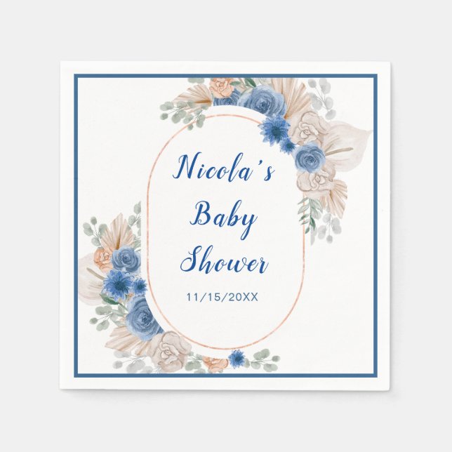 Boho Blue Pampas Grass Baby Shower Napkins (Front)
