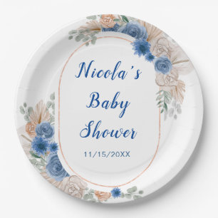 Boho Blue Pampas Grass Baby Shower Paper Plates