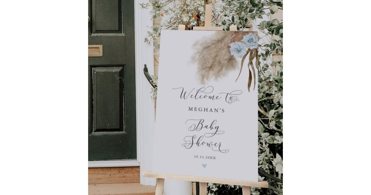 Boho Blue Pampas Grass Baby Shower Welcome Sign | Zazzle