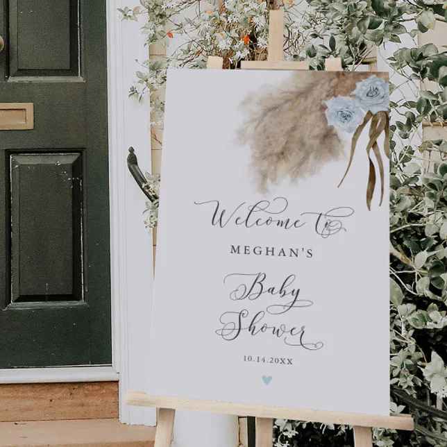 Boho Blue Pampas Grass Baby Shower Welcome Sign | Zazzle