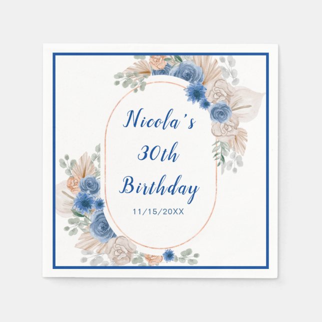 Boho Blue Pampas Grass Birthday Napkins (Front)