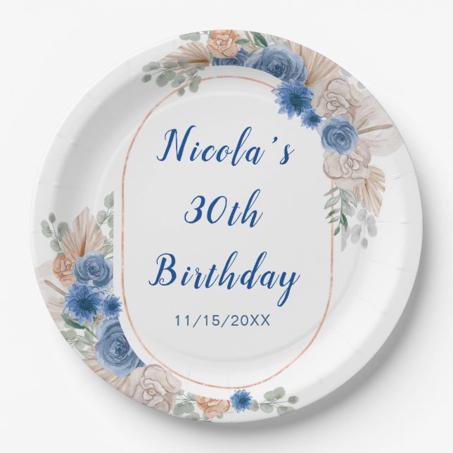 Boho Blue Pampas Grass Birthday Paper Plates (Front)
