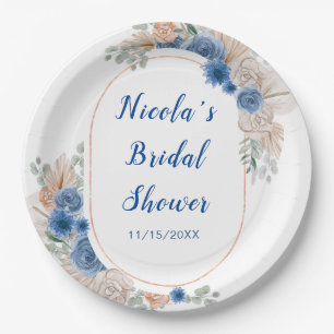 Boho Blue Pampas Grass Bridal Shower Paper Plates