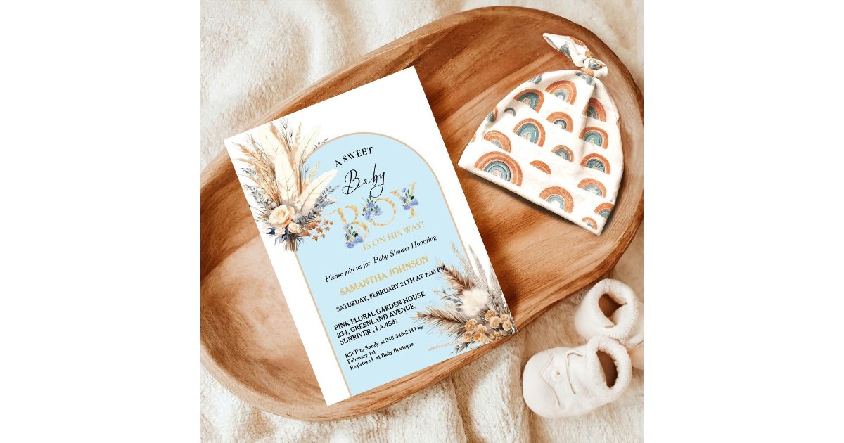 Boho Blue Pampas Grass Desert Baby Boy Baby Shower Invitation | Zazzle