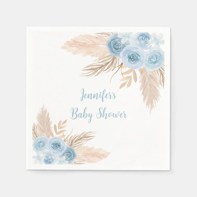 Boho Blue Pampas Grass Floral Baby Shower Napkins (Front)