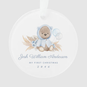 Boho Blue Pampas Grass Teddy Bear Acrylic Ornament