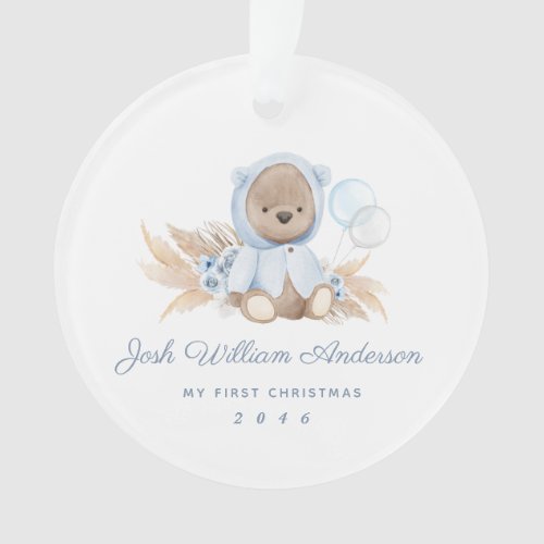 Boho Blue Pampas Grass Teddy Bear Acrylic Ornament