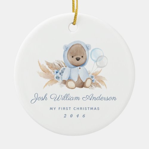 Boho Blue Pampas Grass Teddy Bear Holiday Ornament