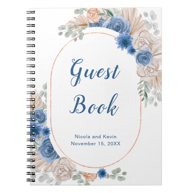 Boho Blue Pampas Grass Wedding Guest Book (Front)