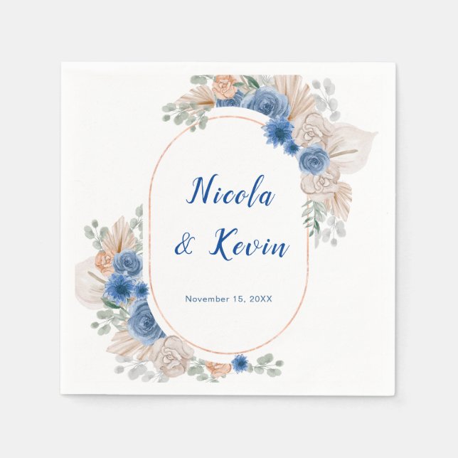 Boho Blue Pampas Grass Wedding Napkins (Front)