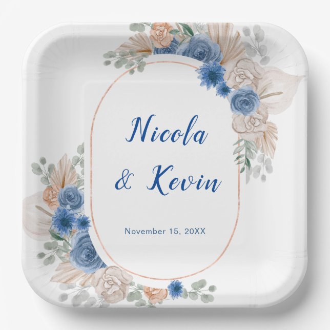 Boho Blue Pampas Grass Wedding Paper Plates (Front)