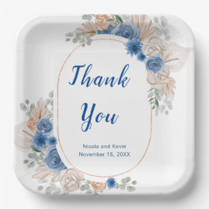 Boho Blue Pampas Grass Wedding Paper Plates
