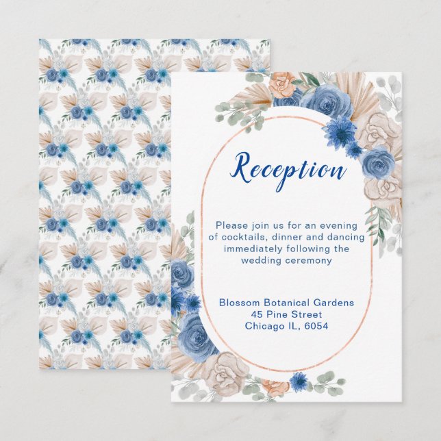 Boho Blue Pampas Grass Wedding Reception Enclosure Card (Front/Back)
