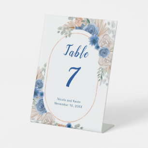 Boho Blue Pampas Grass Wedding Table Number Pedestal Sign