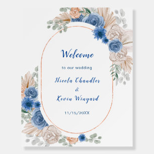 Boho Blue Pampas Grass Wedding Welcome Foam Board