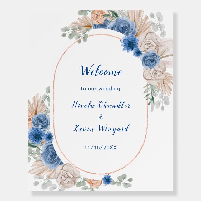 Boho Blue Pampas Grass Wedding Welcome Foam Board (Front)