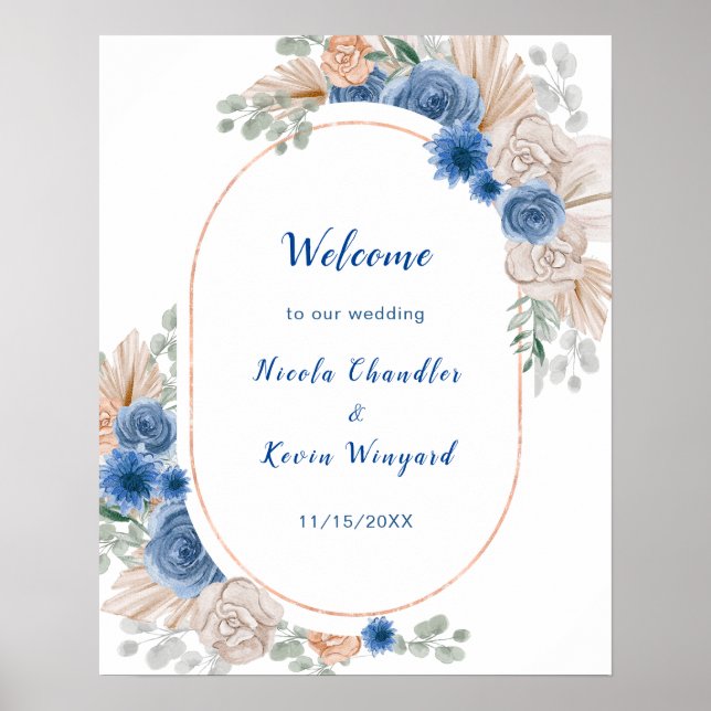 Boho Blue Pampas Grass Wedding Welcome Poster (Front)