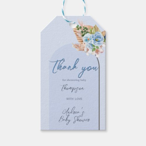 Boho Blue Pampass Grass Floral Hey Boy Baby Shower Gift Tags