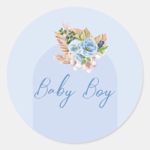 Boho Blue Pampass Grass Floral Oh Boy Baby Shower  Classic Round Sticker