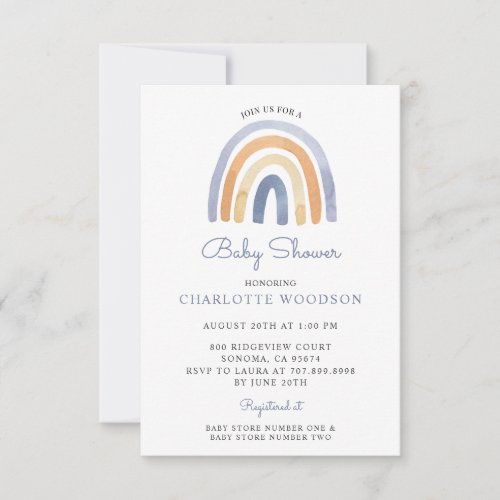 Boho Blue Peach Watercolor Rainbow Boy Baby Shower Invitation