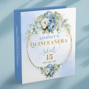 Boho Blue Peonies Gold Quinceañera Memory Album 3 Ring Binder