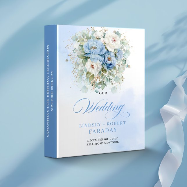 Boho Blue Peonies Gold Wedding Ring Binder Album (Boho Blue Peonies Gold Wedding Ring Binder Album)