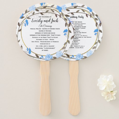 Boho Blue Peony Wreath Gold Wedding Program Hand Fan