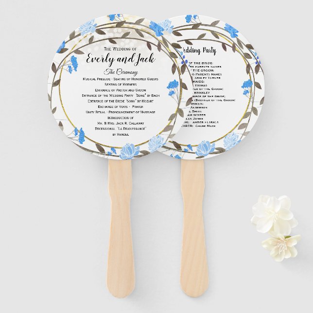 Boho Blue Peony Wreath Gold Wedding Program Hand Fan (Front and Back)