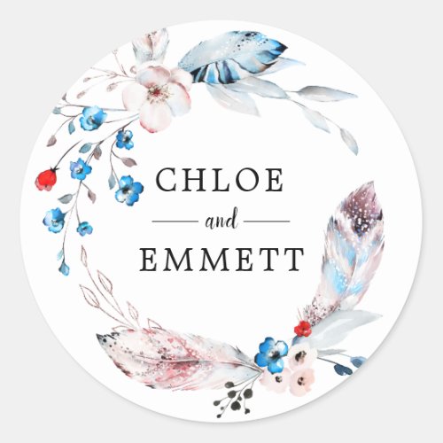 Boho Blue Pink Floral and Feather Wedding Favor Classic Round Sticker