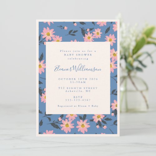 Boho Blue Pink Floral Baby Shower Invitation