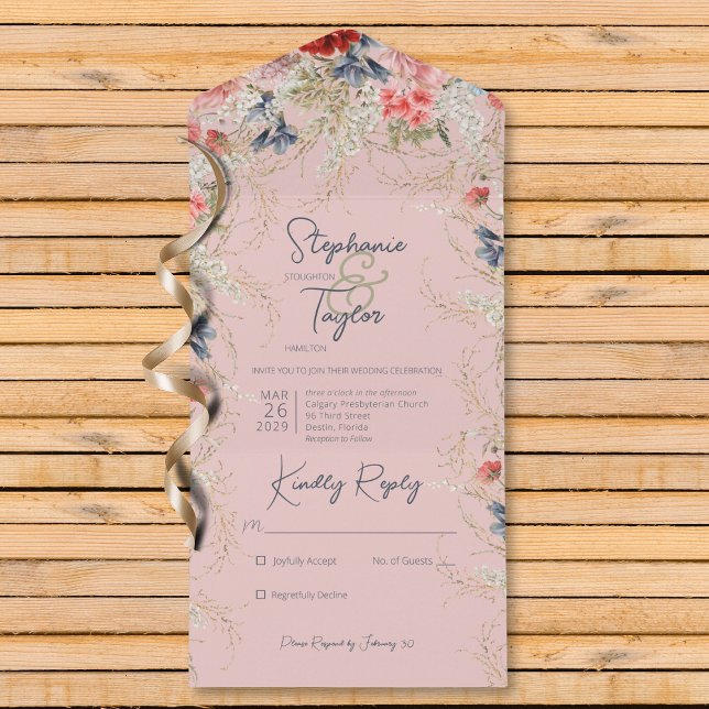 Boho Blue & Pink Floral Pink No Dinner All In One Invitation (Also available with a QR code or with dinner selection options.)