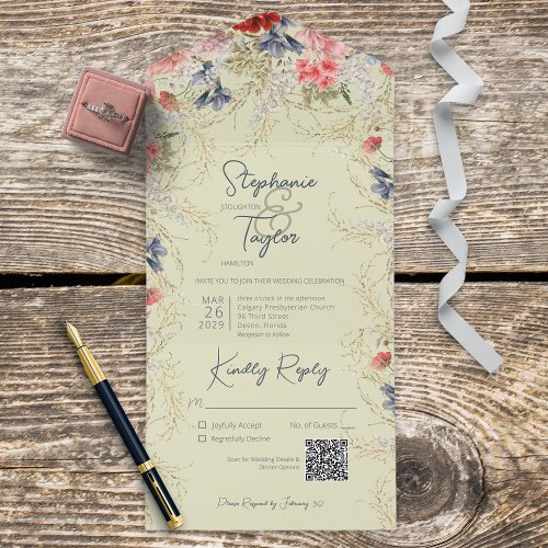 Boho Blue  Pink Floral Sage Green QR Code All In One Invitation