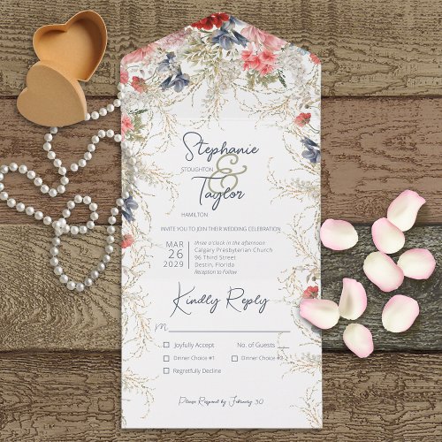 Boho Blue  Pink Floral White Dinner All In One Invitation