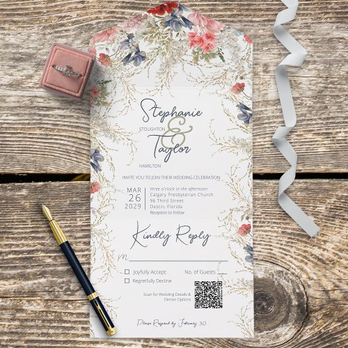 Boho Blue  Pink Floral White QR Code All In One Invitation
