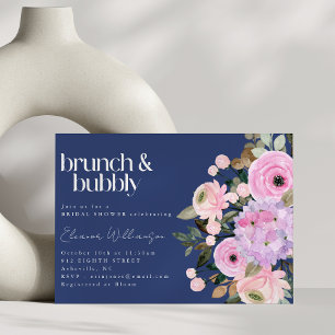 Boho Blue Pink Purple Floral Brunch Bubbly Shower Invitation