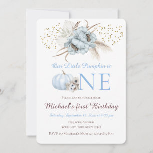 Boho Blue Pumpkin 1st Birthday Invitation Boy