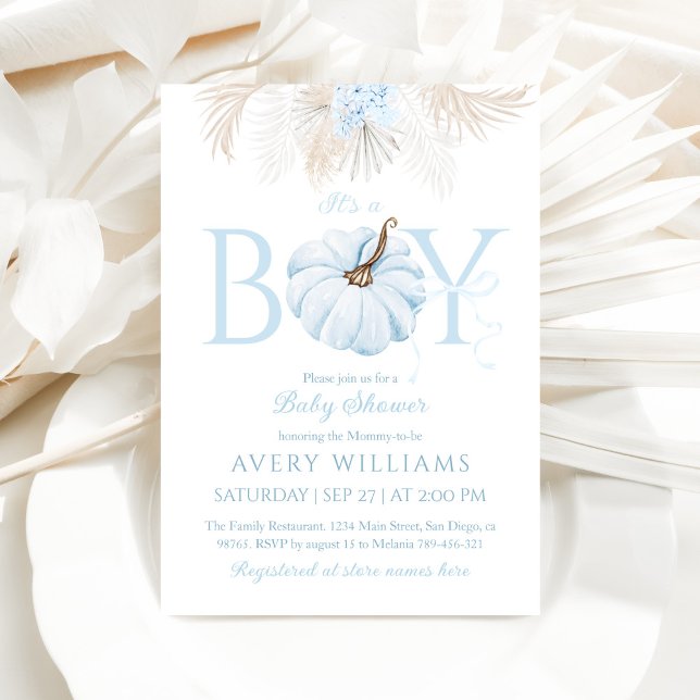 Boho Blue Pumpkin It's a Boy Fall Baby Shower Invitation (Creator Uploaded)
